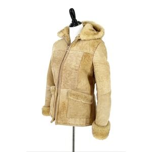 Vintage Genuine Shearling Sheepskin Leather Fur Hooded Coat Size 10 Penny Lane